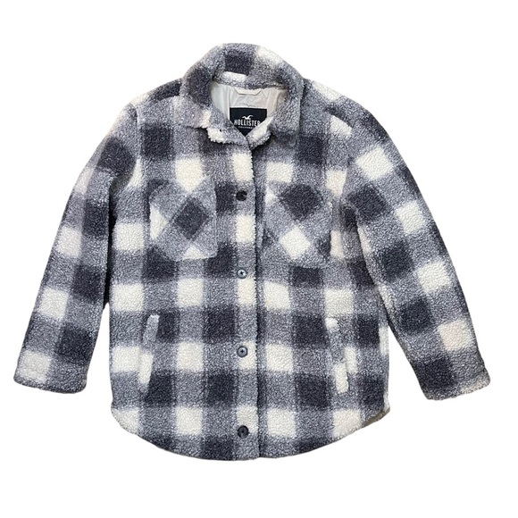 Hollister Women’s Gray & Cream Plaid Button Up Sherpa Coat - Picture 1 of 5